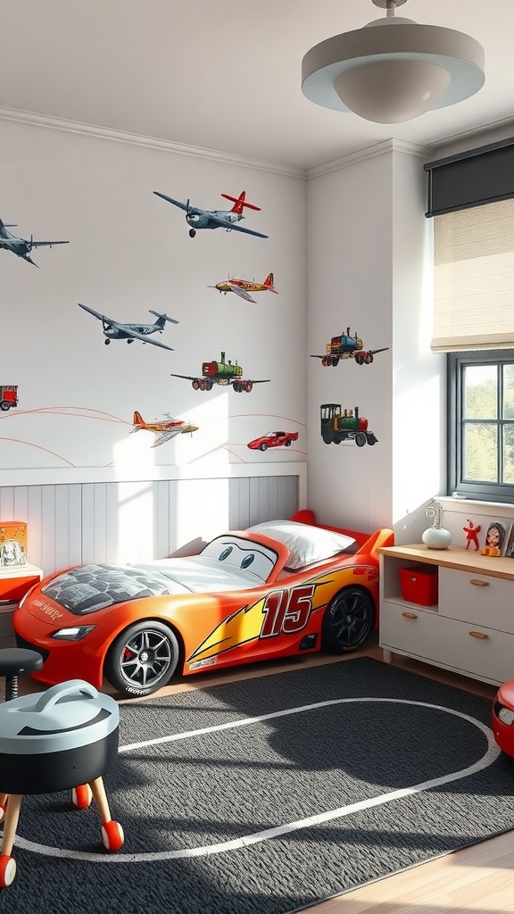 A toddler boy's bedroom featuring a Lightning McQueen bed, airplane wall decals, and a racetrack rug.