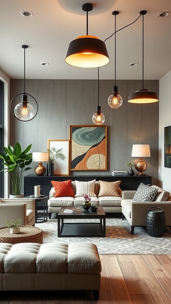 A modern living room featuring various unconventional lighting fixtures, combining pendant lights with different designs and styles.