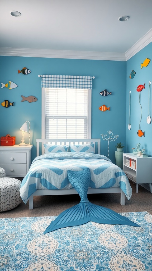 A bright and colorful toddler bedroom with an underwater theme, featuring fish decorations, mermaid tail bedding, and a cozy rug.