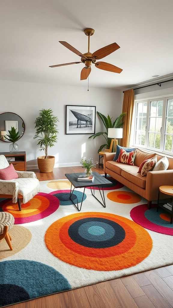 A living room featuring a vibrant area rug with colorful circles, complemented by warm furniture and plants.