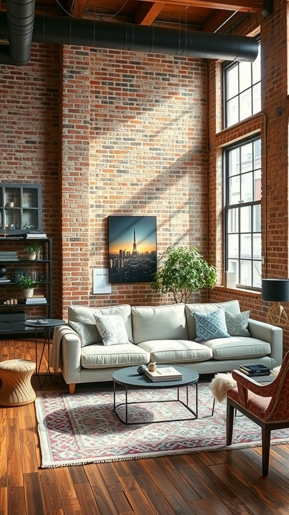 A stylish living room featuring a light grey couch against an exposed brick wall, with wooden floors and modern lighting.