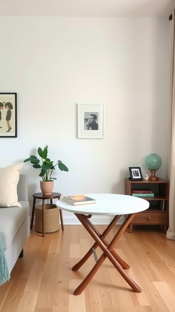 A small living room featuring a folding table, a plant, and a cozy couch.