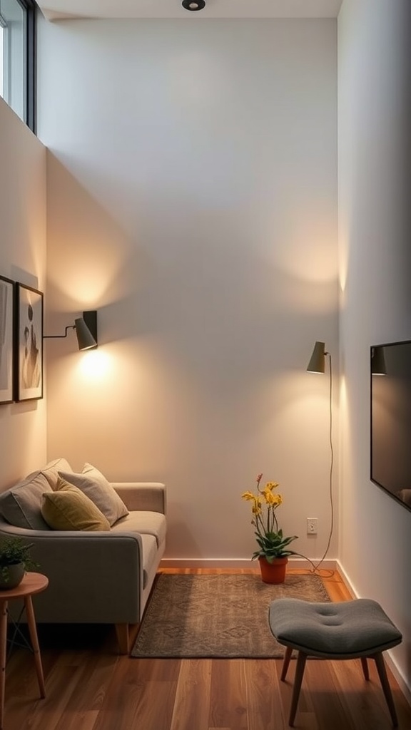 A small living room with wall-mounted lighting, showcasing a couch, a plant, and decorative elements.