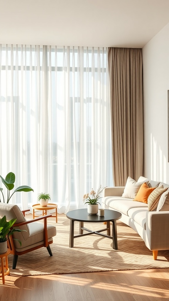 Bright small living room with natural light and plants