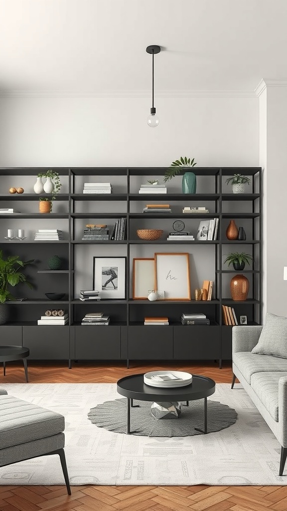 A stylish gray and beige living room featuring a black shelving unit filled with plants and decorative items.