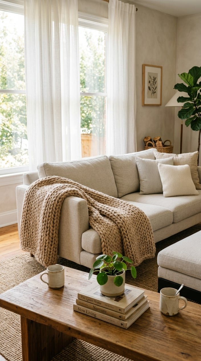 A light linen sofa with a chunky knit throw draped over it in a bright living room with a wooden coffee table and plants.