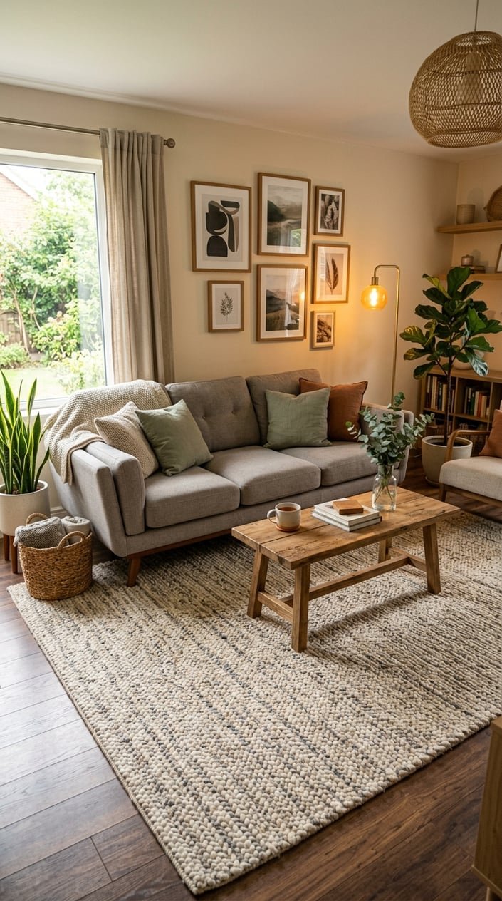 A living room with a plush wool area rug, sofa, coffee table, plants, and warm lighting.