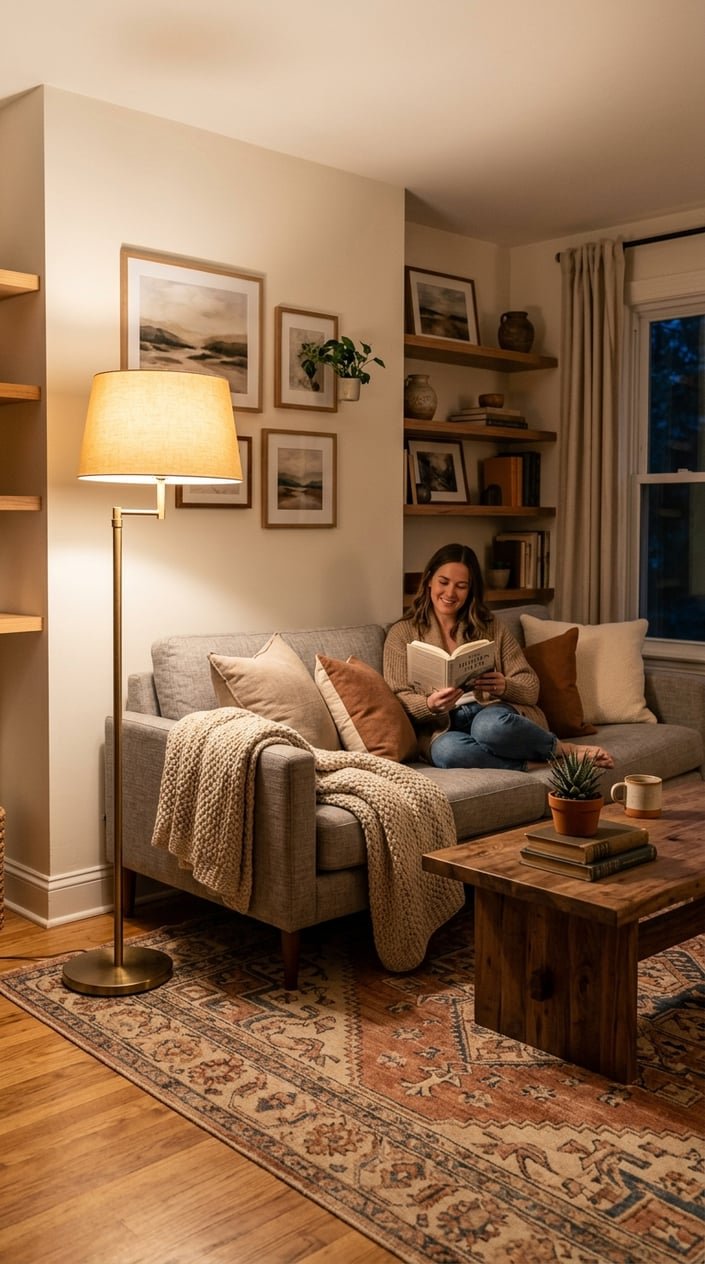 A cozy living room with a warm brass floor lamp next to a sofa, soft lighting, a coffee table with a plant and books, and decorative artwork on the walls.