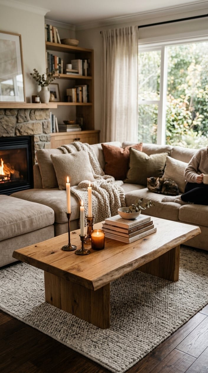 A coffee table with lit candles and stacked books in a cozy living room setting.