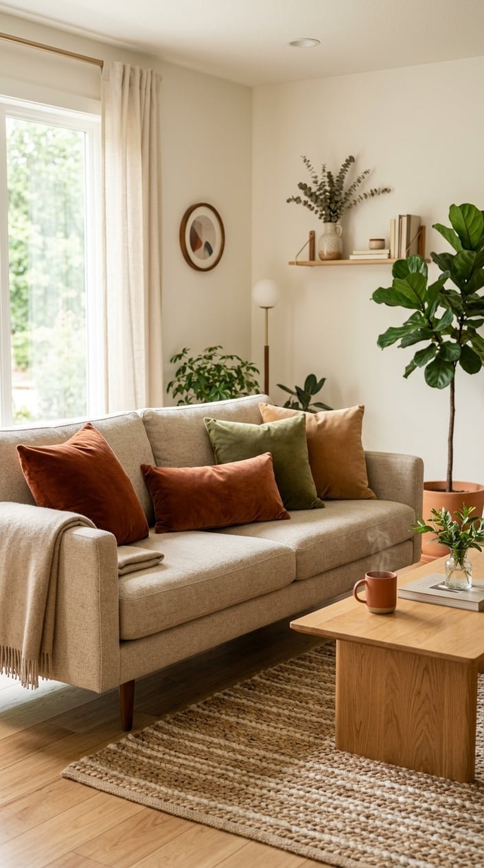 A cozy living room with a sofa decorated with velvet pillows in rust, olive, and camel colors, a wooden coffee table, plants, and soft natural light.