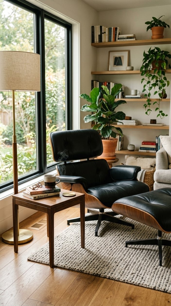 A cozy living room corner with a black leather lounge chair and ottoman near a window, surrounded by books, a small table, and plants.