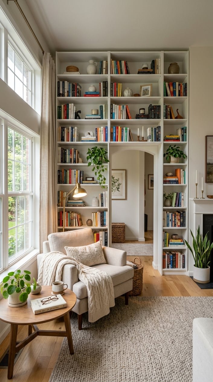 Living room with white built-in bookcases filled with books and plants, a comfortable armchair, coffee table, and natural light from windows.