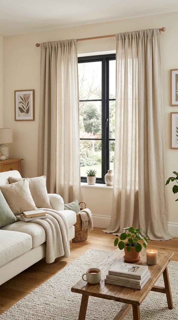 A living room with light-colored curtains pooling slightly on the floor next to a sofa and a coffee table.