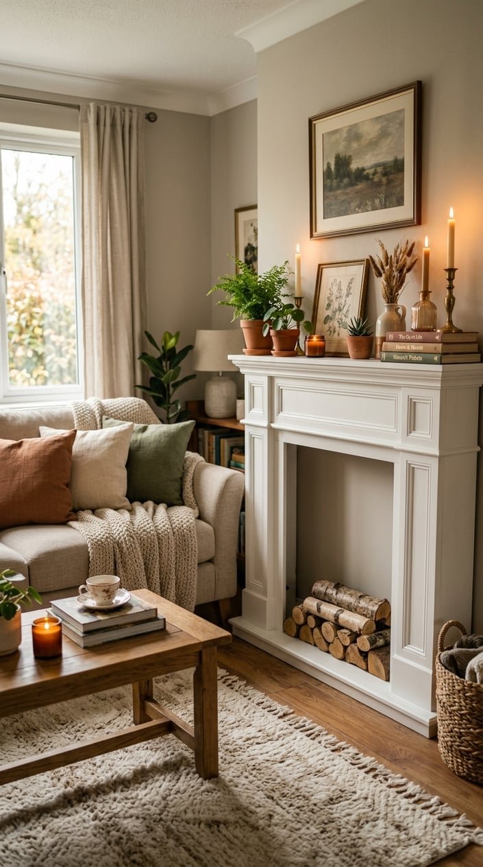 A cozy living room with a decorated faux fireplace mantel, a sofa with cushions and a throw blanket, a coffee table with books and a cup, and warm lighting.