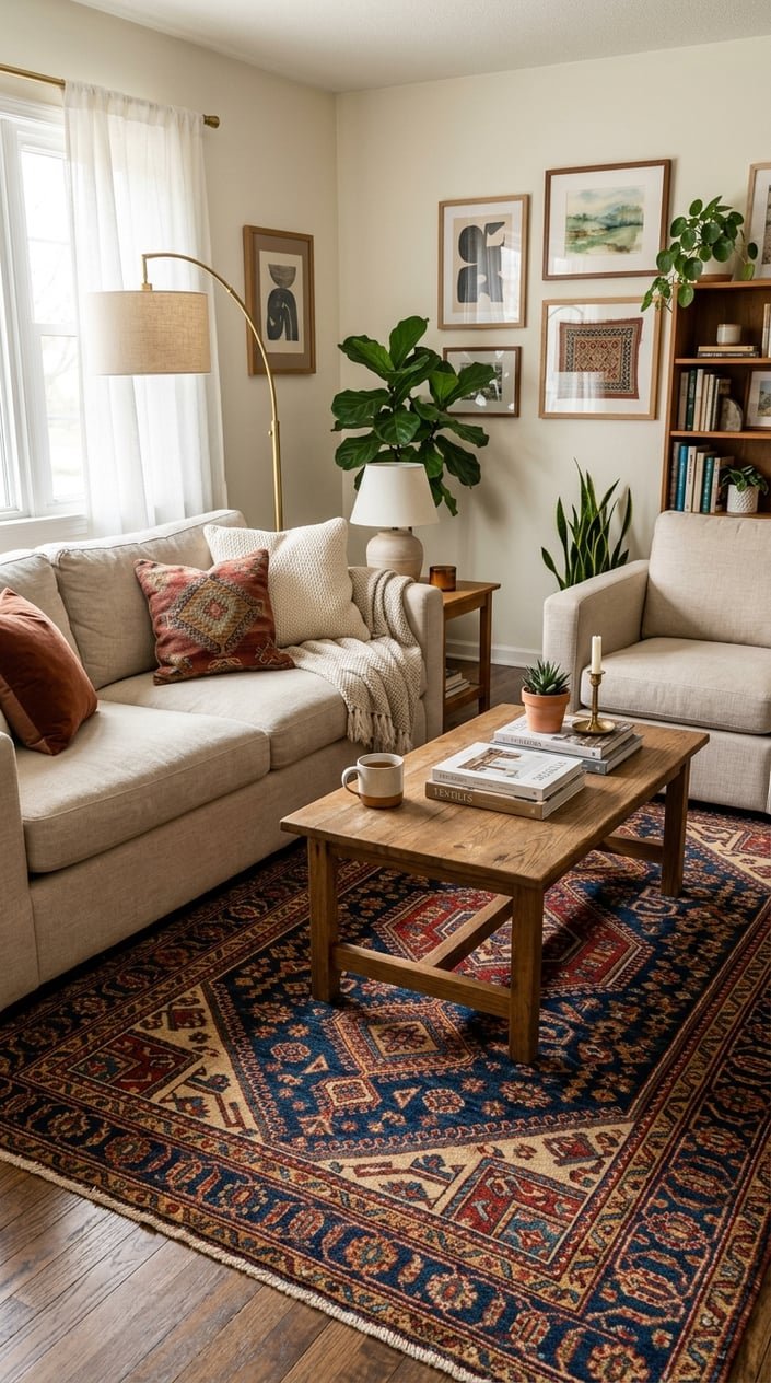 A cozy living room with a comfortable sofa, wooden coffee table, plants, and a detailed patterned rug on the floor.
