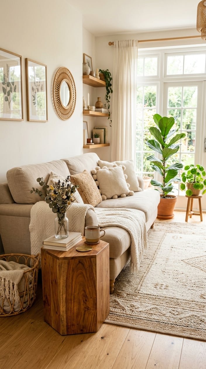 A cozy living room with a mango wood side table next to a sofa, featuring natural wood tones, soft cushions, plants, and warm natural light.