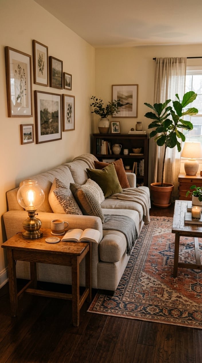 A living room with a sofa, wooden side table, and a softly glowing table lamp with an Edison bulb.