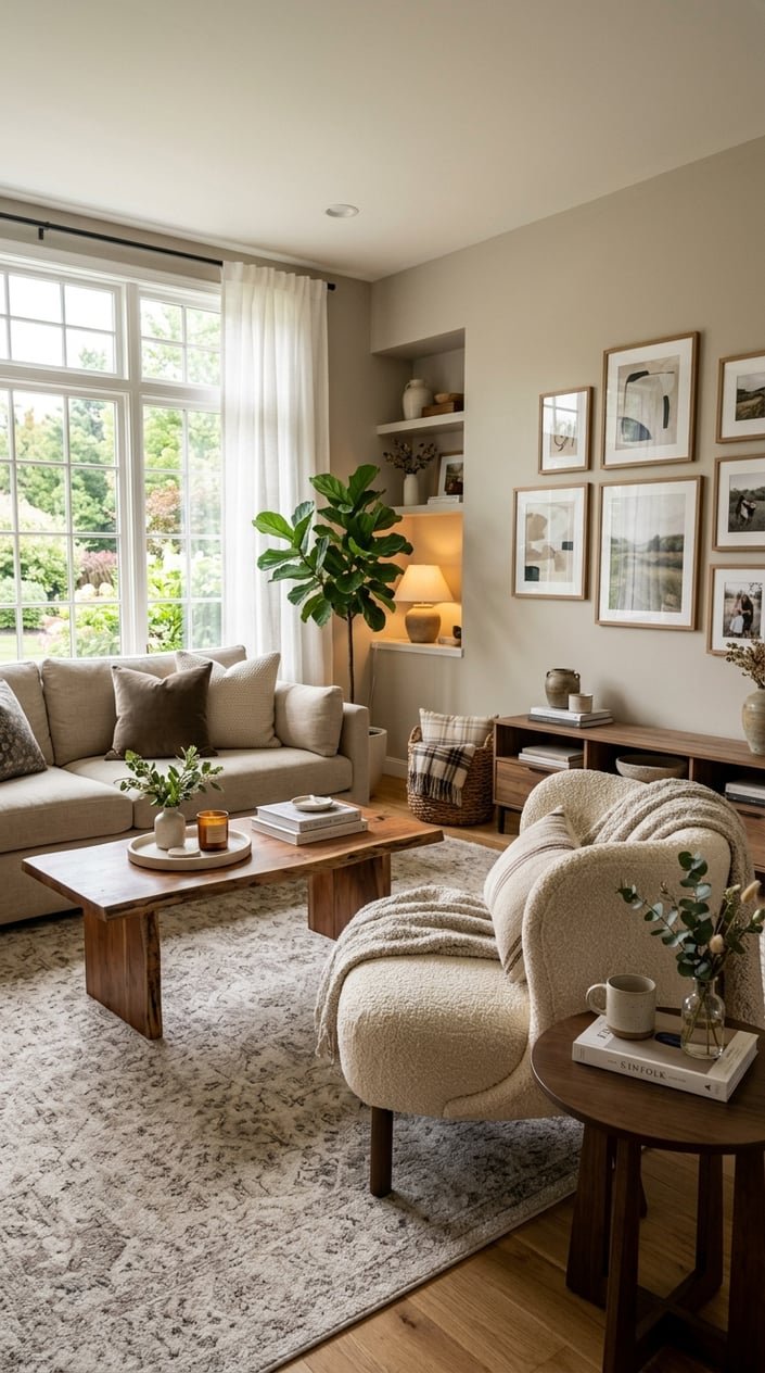 A living room with a textured bouclé accent chair next to a sofa, a coffee table, and soft natural light coming through windows.
