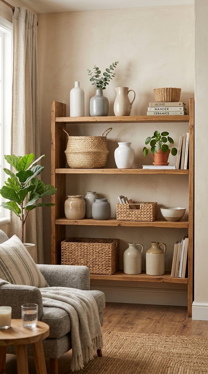 A living room corner with open wooden shelves displaying ceramic vases and woven baskets, softly lit and arranged neatly.