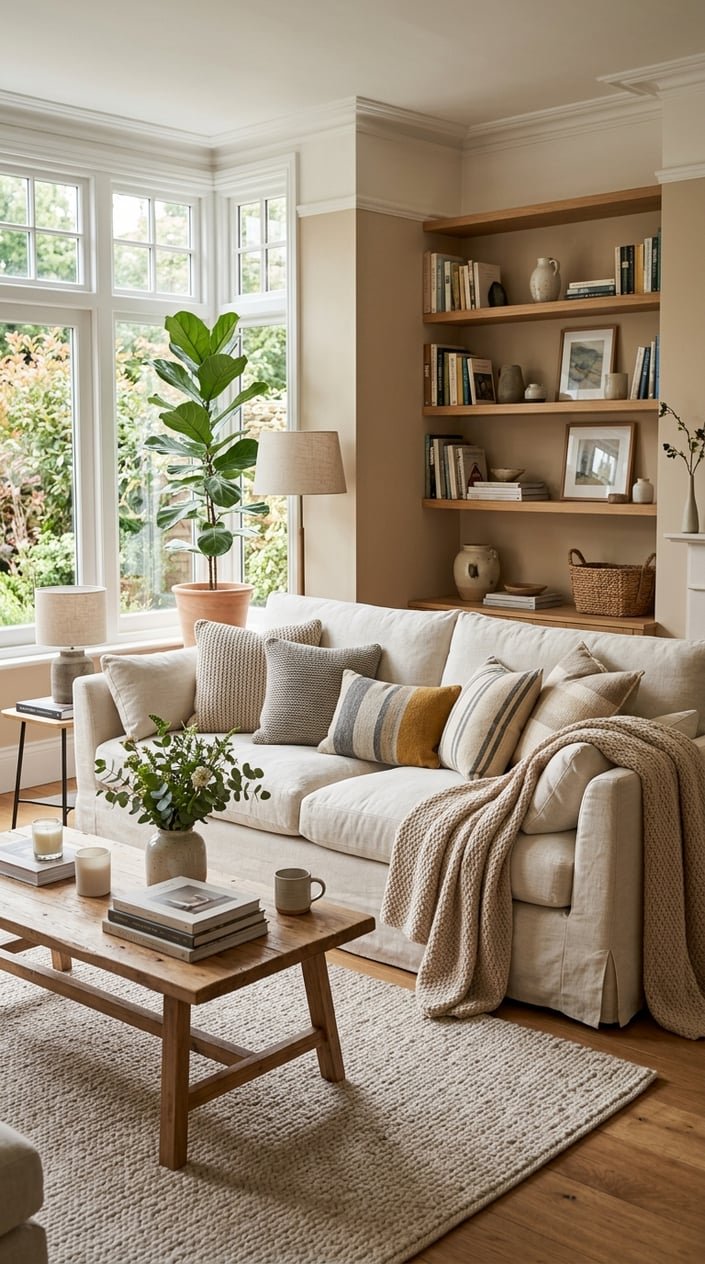 A cozy living room with a deep seat slipcovered sofa, soft pillows, a blanket, a coffee table with books and flowers, plants, and warm natural lighting.
