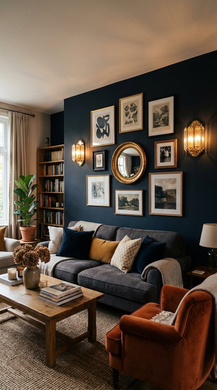 A cozy living room with layered wall art, mirrors, and wall sconces on a dark painted wall, featuring comfortable seating and warm lighting.