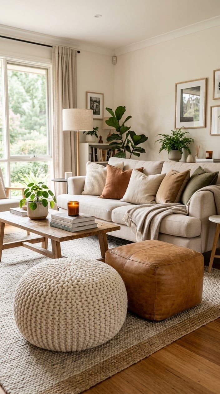 A living room with a large knit pouf and a leather ottoman near a sofa, surrounded by a rug, coffee table, and natural light from windows.