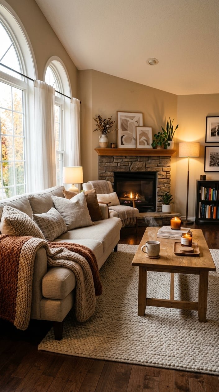 A warm and inviting living room with a sofa, throw pillows, a coffee table with a cup and candle, a fireplace, plants, and soft lighting.