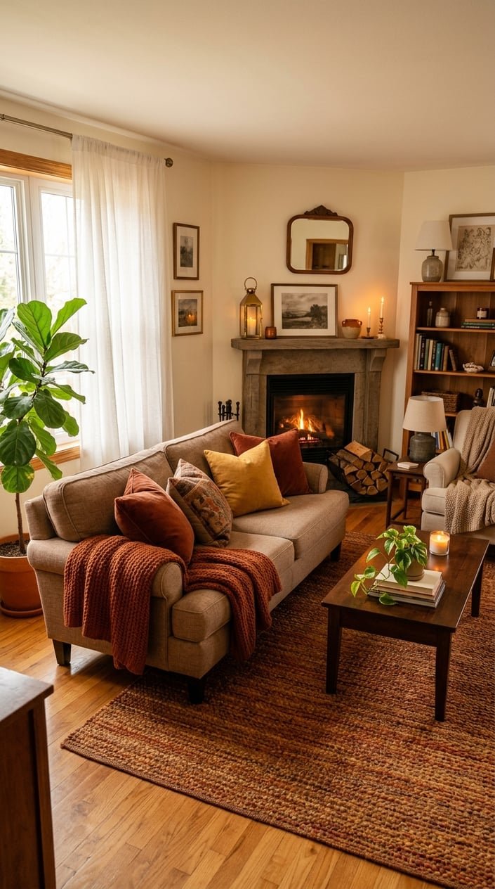 A warm and inviting living room with a sofa, cushions, wooden furniture, a fireplace, and natural light coming through the windows.