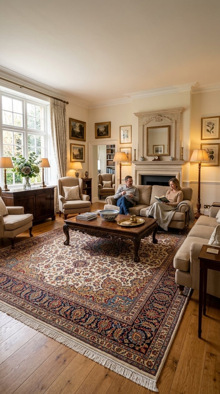 A living room with a large Persian rug on the floor, a sofa, a wooden coffee table, and natural light coming through a window.