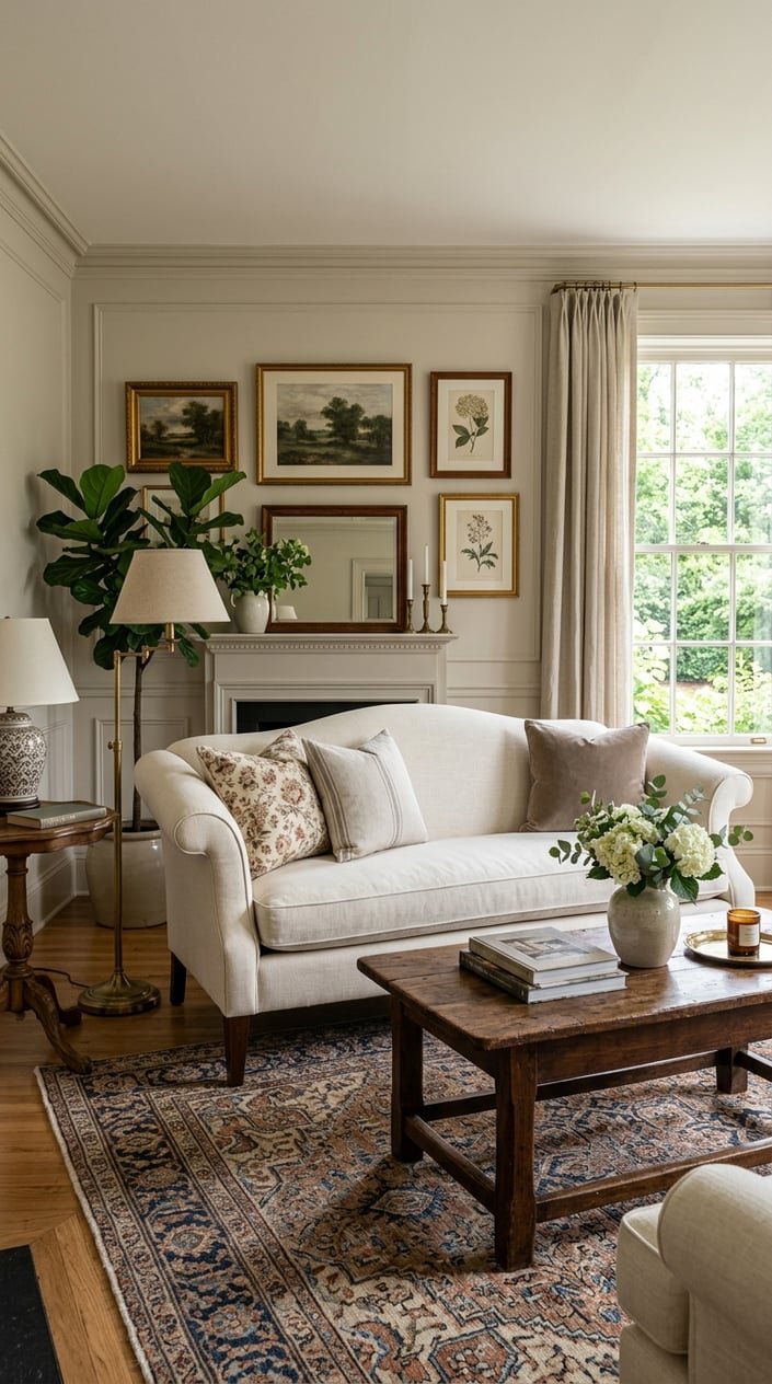 A living room with a camelback sofa in ivory linen surrounded by a coffee table, lamps, framed artwork, and plants.