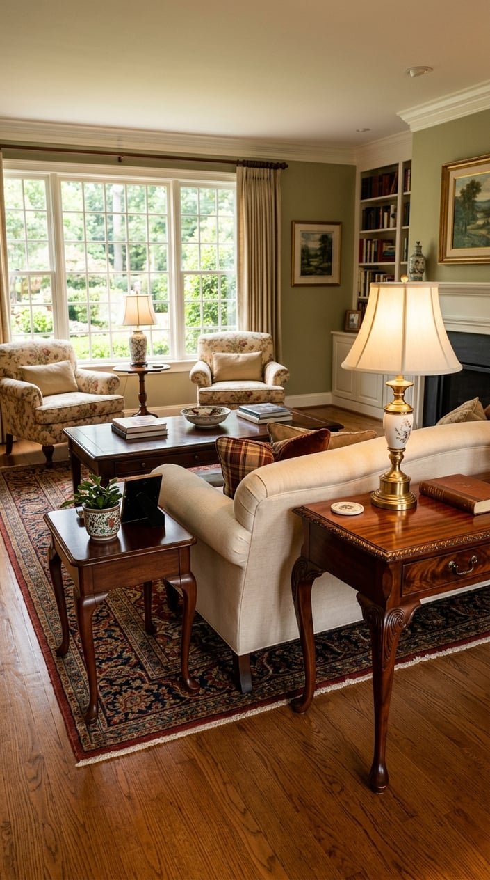 A living room with mahogany end tables featuring curved legs next to a sofa and armchairs, with natural light coming through windows.