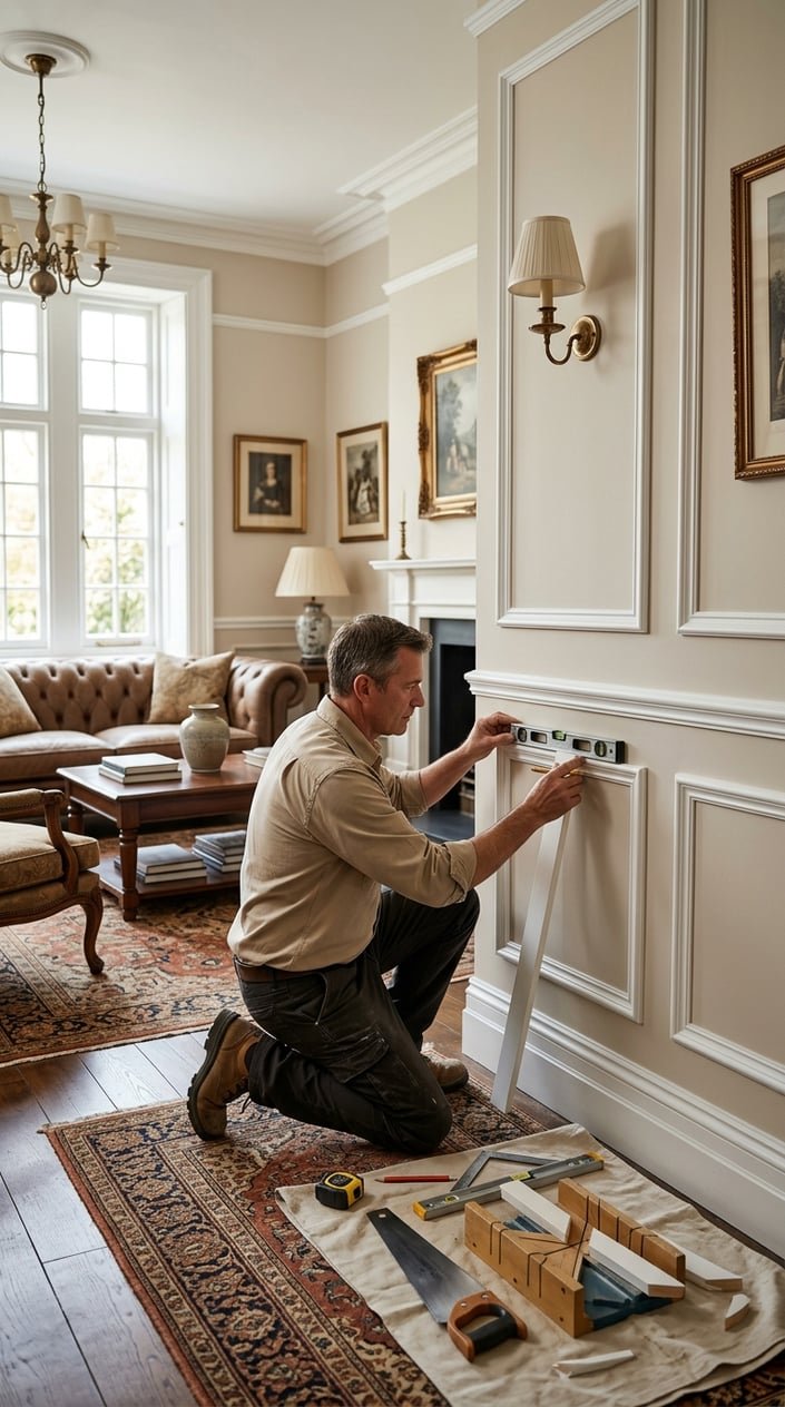 A person installing decorative picture frame molding on the walls of a living room with traditional furniture and natural lighting.