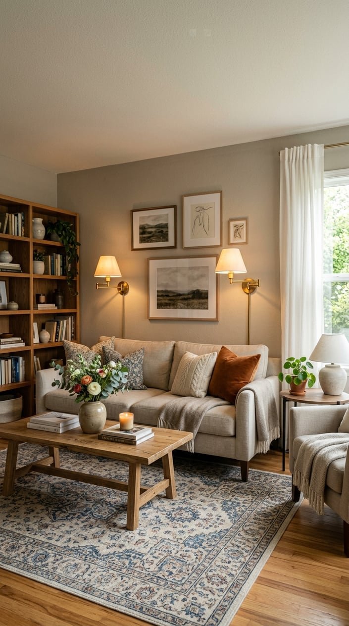 A living room with wall-mounted brass swing-arm sconces, a sofa, coffee table with flowers, and a bookshelf.