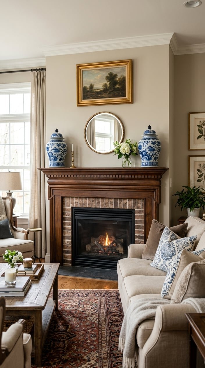 A living room with a wooden fireplace mantel decorated with two blue-and-white ceramic jars and comfortable seating nearby.