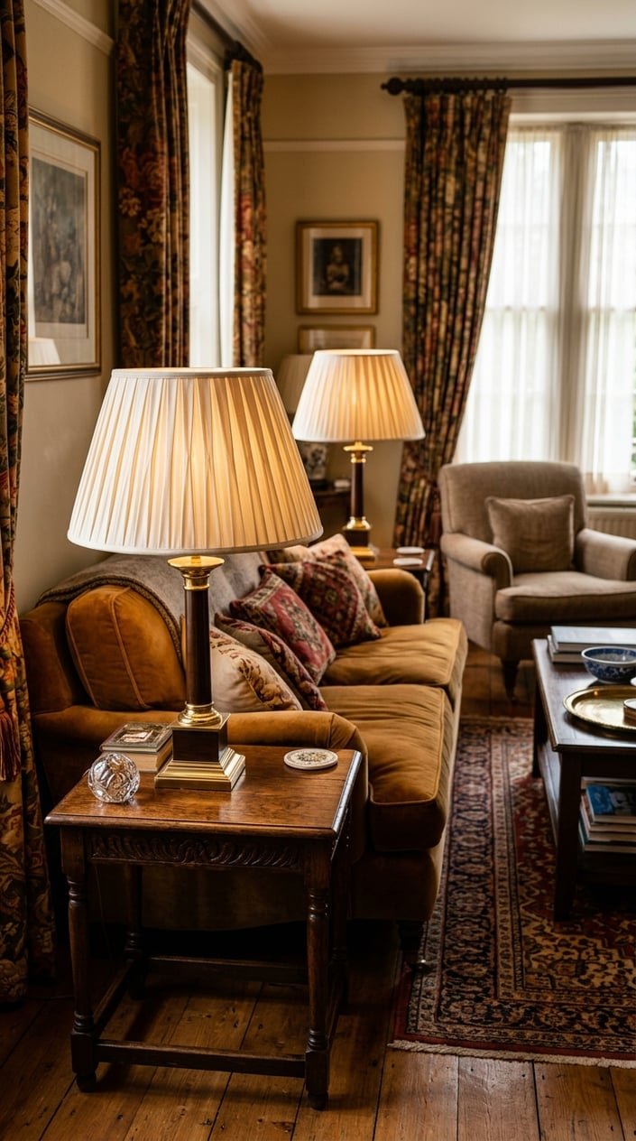 A living room with table lamps featuring pleated silk lampshades on wooden side tables next to a sofa.