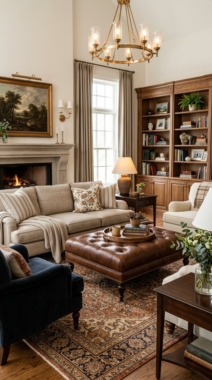 A living room with a tufted leather ottoman used as a coffee table surrounded by sofas, armchairs, and warm lighting.