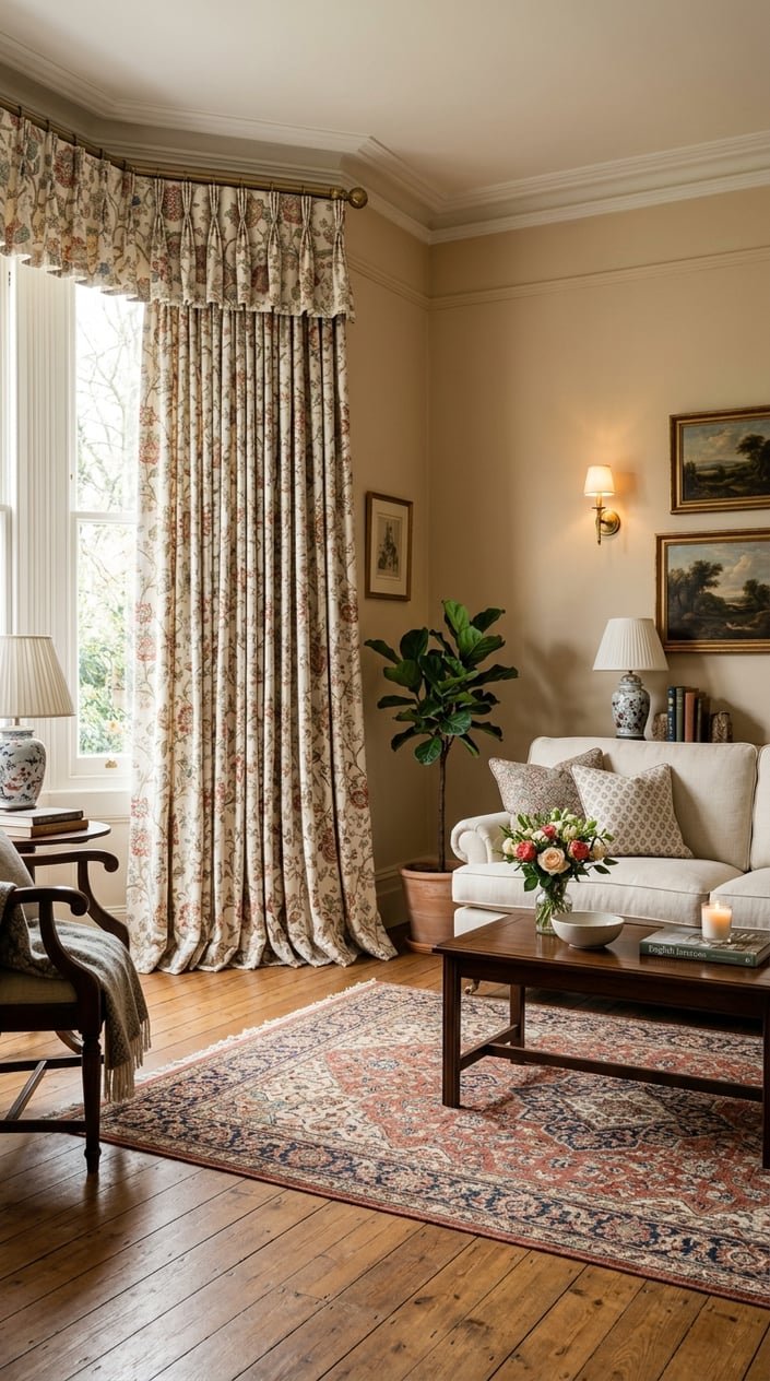 A living room with floor-length floral curtains hanging by a window, a sofa, coffee table, and decorative items in a bright, cozy setting.