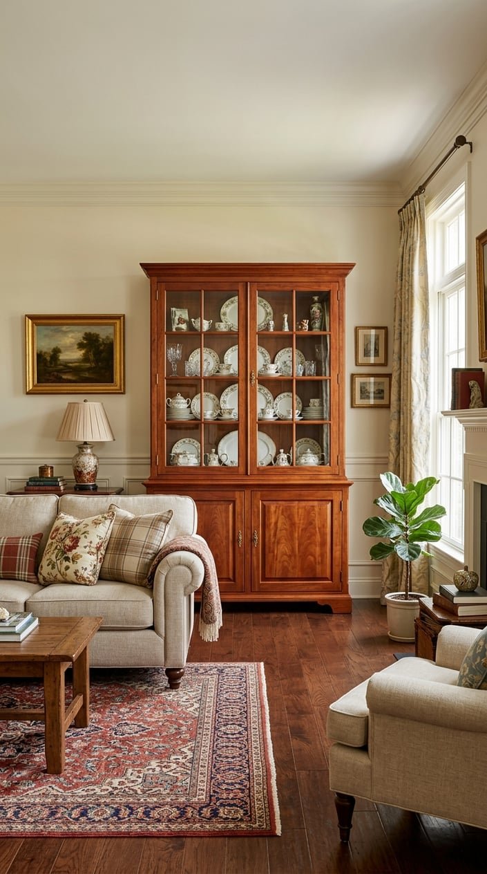 Living room with a cherry wood display cabinet filled with decorative items, sofa, coffee table, and natural light.