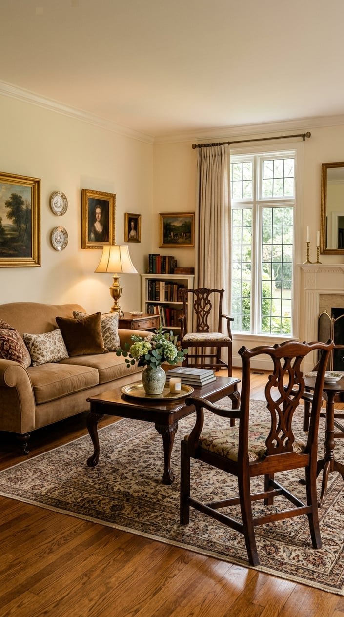 A living room with a sofa, wooden coffee table, and decorative chairs arranged around the seating area.