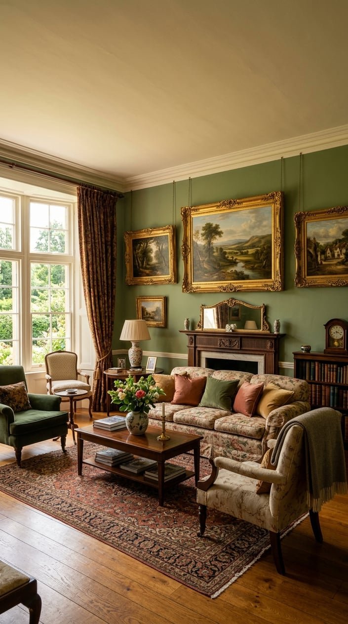 A cozy living room with framed landscape paintings on the walls, comfortable seating, and warm natural light.