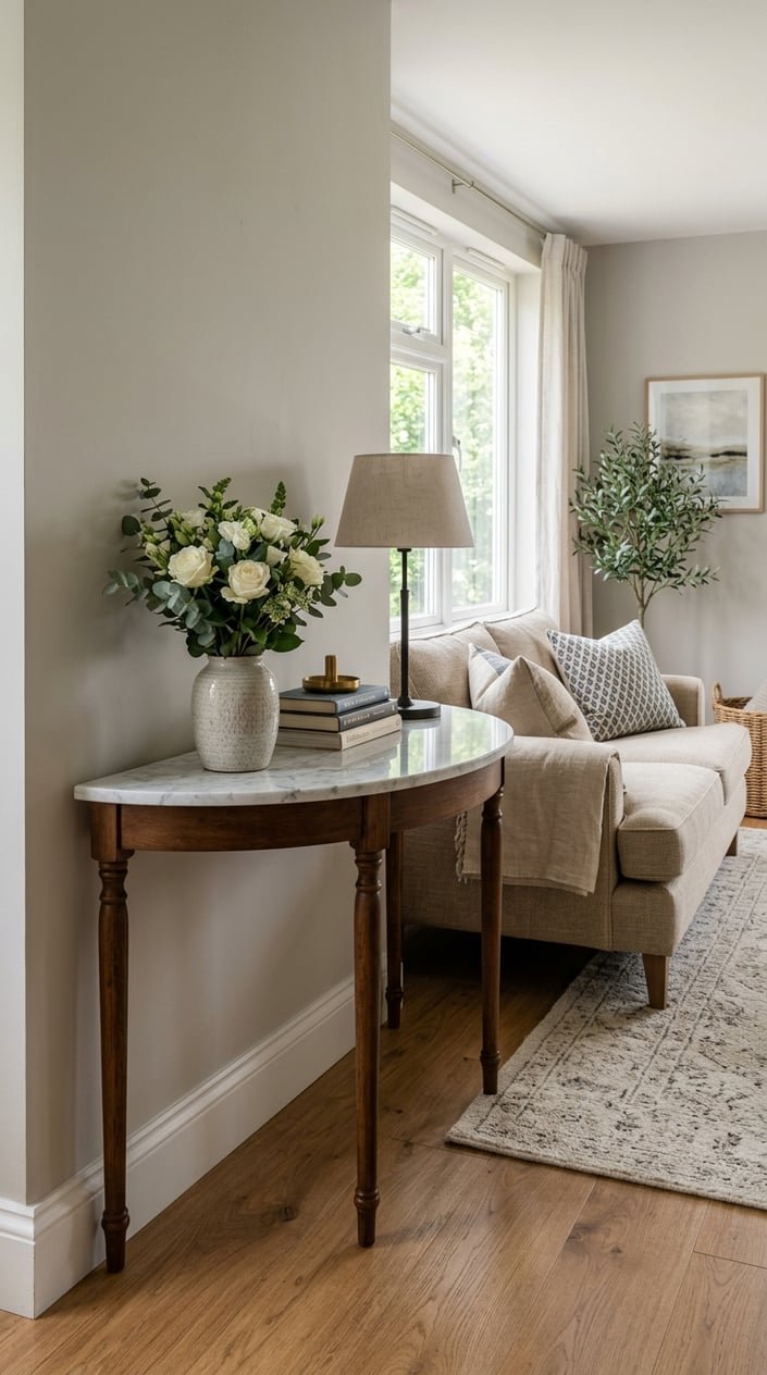 A living room with a marble-top console table against the wall, decorated with a vase, books, and a lamp, next to a sofa and a rug on the floor.