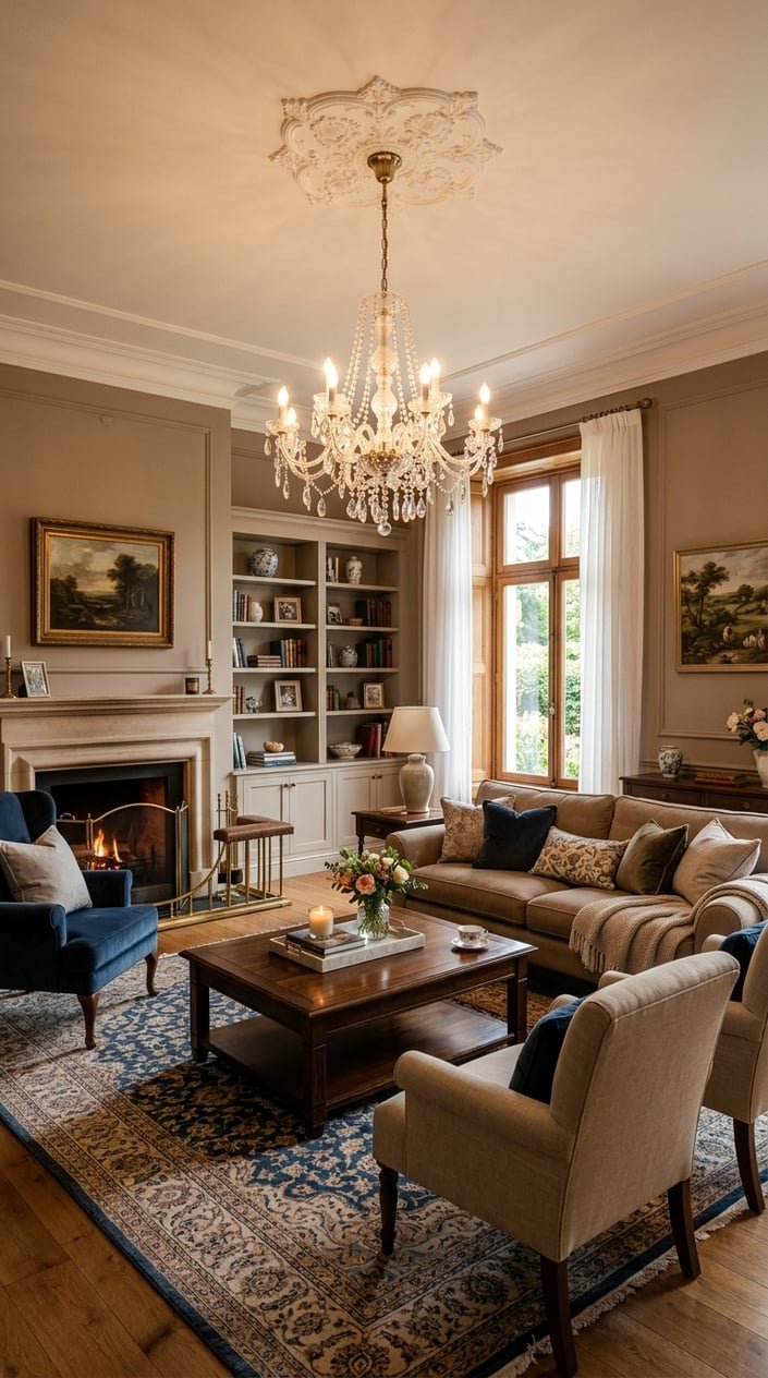 A living room with a crystal chandelier, sofa, armchairs, coffee table, and large windows letting in natural light.
