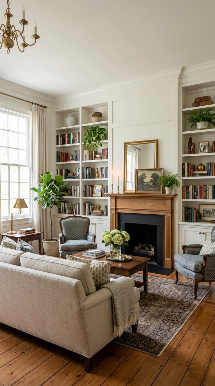 A living room with white built-in bookcases filled with books and decorations, a sofa, wooden furniture, and natural light coming through windows.
