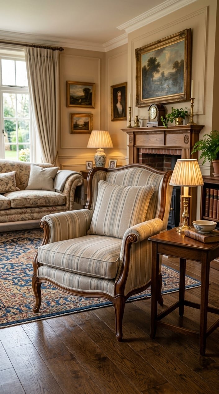 A rolled-arm upholstered chair with striped fabric in a cozy living room next to a side table and lamp.