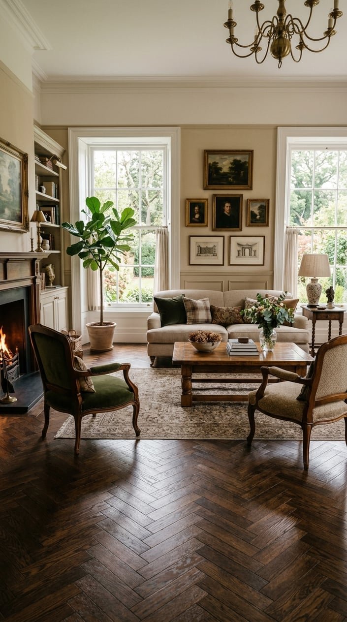 A living room with dark wooden herringbone floors, a sofa, armchairs, a coffee table, plants, and large windows letting in natural light.