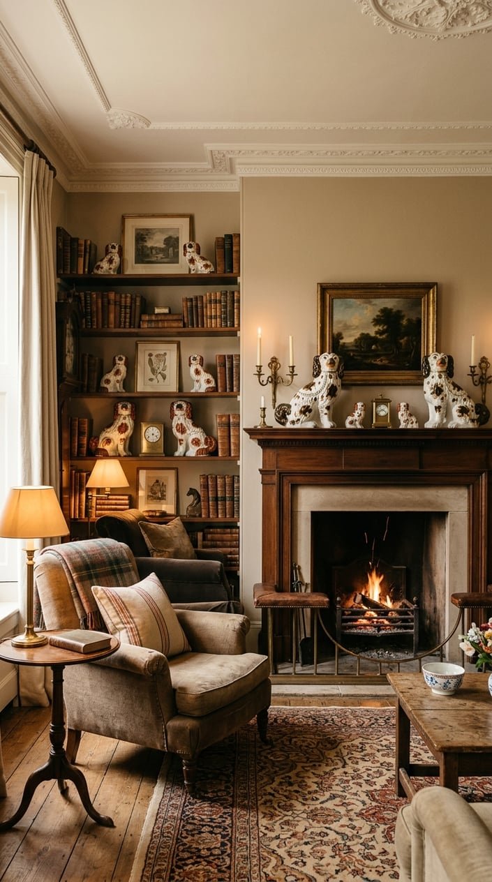 Porcelain Staffordshire dog figurines displayed on shelves and a mantel in a traditional living room setting.