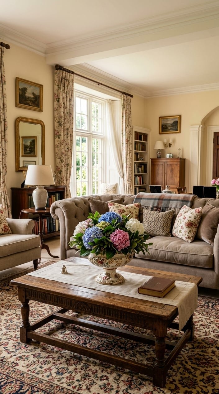A living room with a pedestal bowl filled with fresh hydrangeas on a wooden coffee table surrounded by classic furniture and natural light.