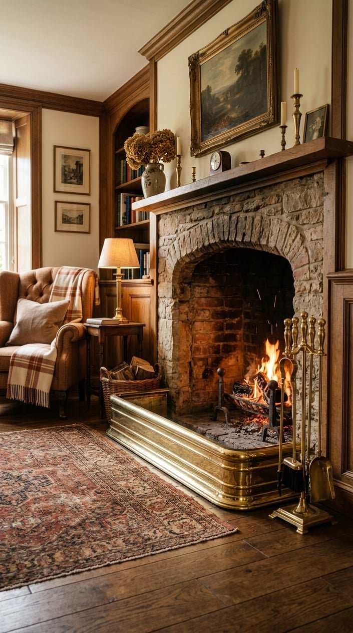 A living room with a brass fireplace fender and a set of fireplace tools next to a stone fireplace.