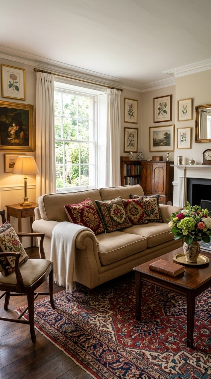 A living room with a sofa decorated with needlepoint pillows and a cashmere throw draped over the armrest.