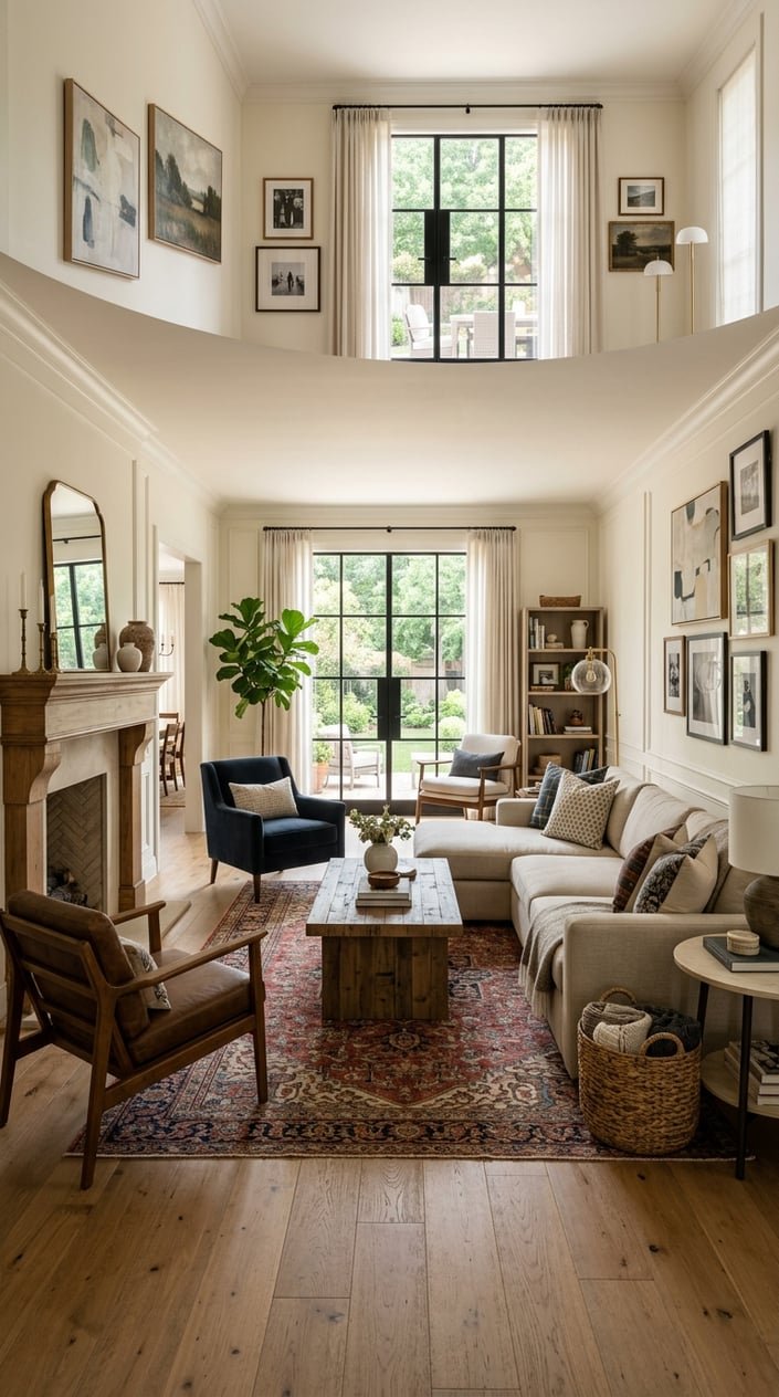 A bright and cozy living room with comfortable seating, a wooden coffee table, decorative pillows, plants, and artwork on the walls.